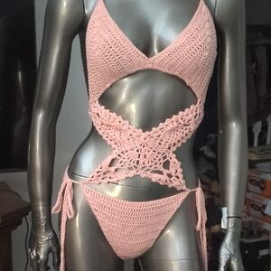 Pink Crochet Cutout Swimsuit